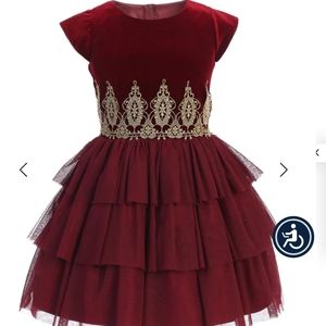Sweet Kids burgundy rolled lace detail tiered dress